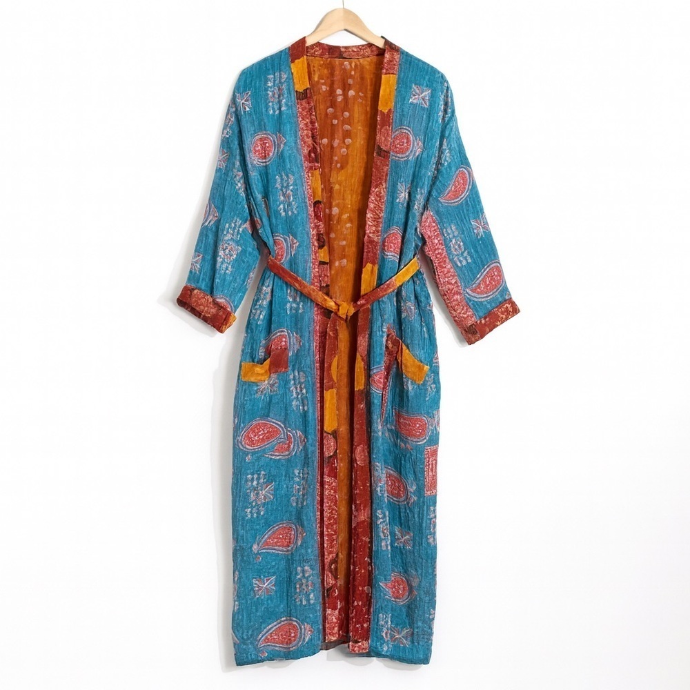 Handmade India Kantha Stitch Cotton Floral Contrast Tie Pockets Duster Cardigan - Picture 1 of 17